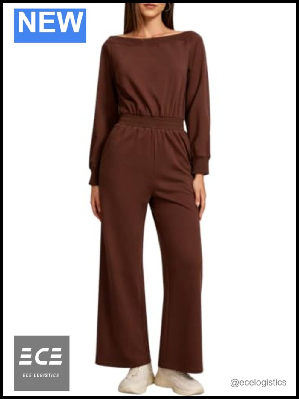 Women's Boat Neck Long Sleeve Wide Leg Jumpsuit with Cinched Waist